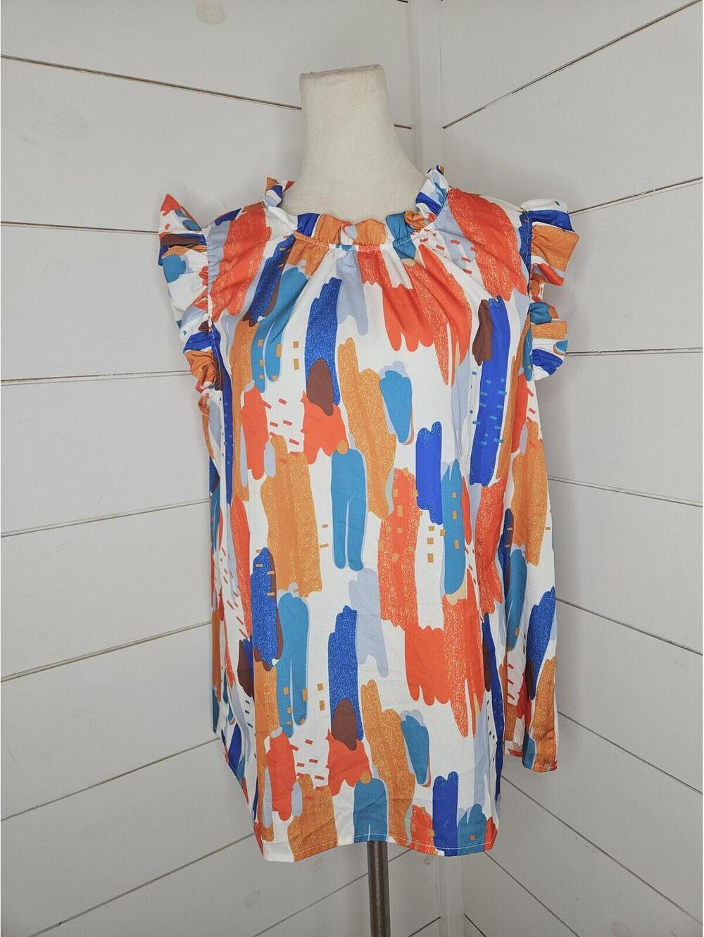 Boutique XL orange blue & white sleeveless ruffle blouse